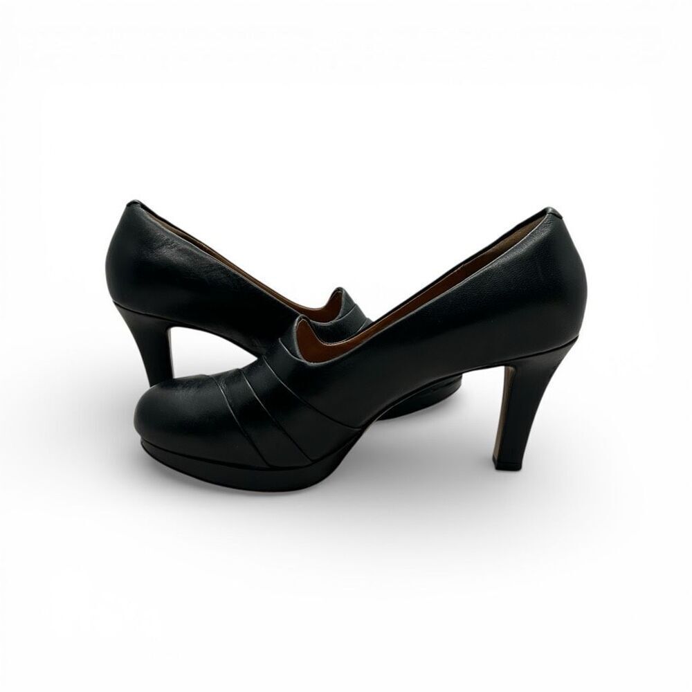 Clarks Delsie Joy Black Leather Platform Heels Classic Career Pumps Block Heel 9